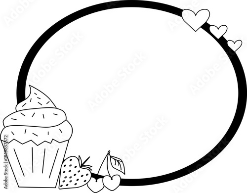 Sweet cake cupcake wit cherries and strawberry Frame oval Valentine's Day. Vector graphic line black and white illustration. For poster, invitation, ad, sale promotion, print for t-shirt
