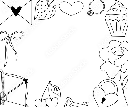 Valentine's Day Frame rectangle. Vector graphic line black and white illustration. Silhouette sign for logo, print, comics, fashion, pop art, boards, design, stickers, decoration, posters