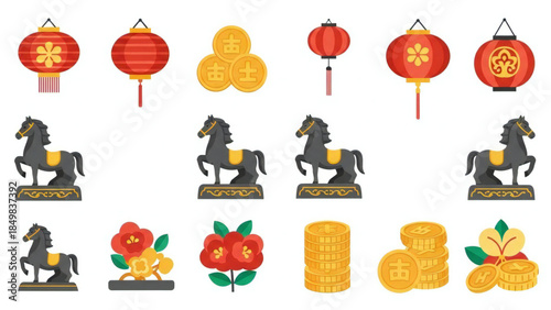 Chinese New Year Icon Set with Lanterns, Horses, Coins, and Flowers for Celebration and Prosperity