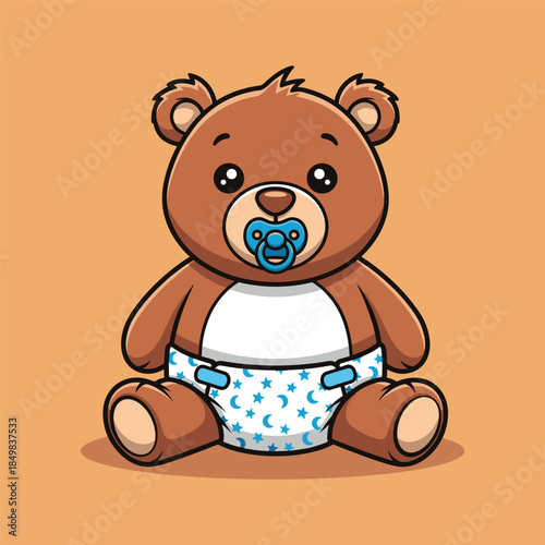 Cartoon teddy bear in diaper with pacifier on orange background