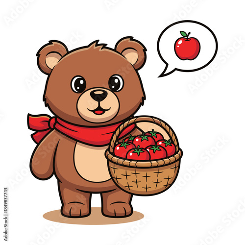 Cartoon bear holding basket of apples