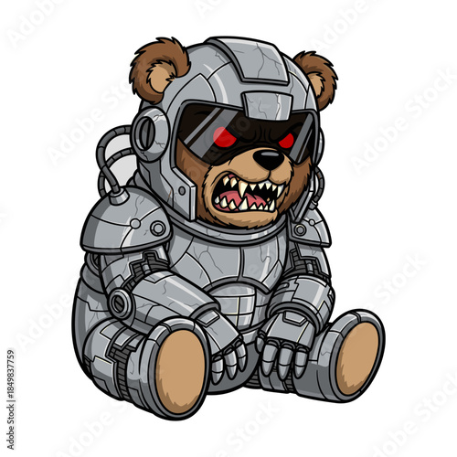 Cute Teddy Bear in Metal Exosuit Sitting