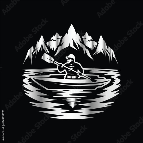 Adventure kayaking logo design.Vector illustration on black background.
Adventure kayaking logo design.kayak on the lake, mountains silhouette in the circle, vector illustration
