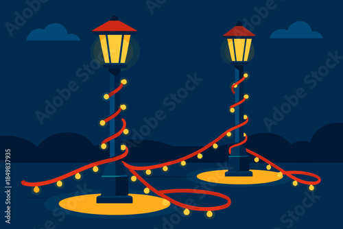 Festive Lamp Posts. Lamp posts wrapped in Christmas lights. Tall lamps beam warm circles of light as string