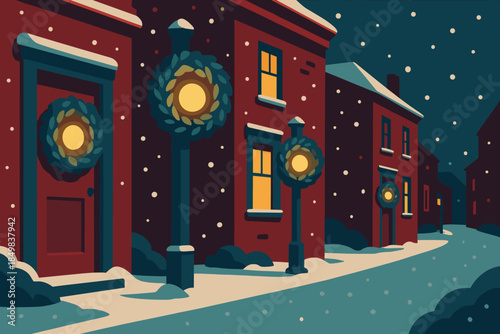 Glowing Wreaths Night. Snow-dusted street of glowing wreaths. Wreaths with luminous centers hang from doors