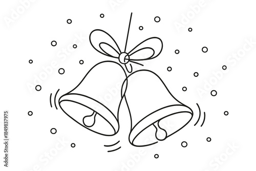 Festive Bells Minimalism. Christmas bells ringing in snowy air hanging duo. Minimalistic one-line drawing two