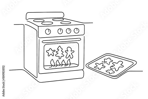 Minimalist Cookie Baking. Christmas cookies baking in warm kitchen stove warmth. Minimalistic one-line drawing