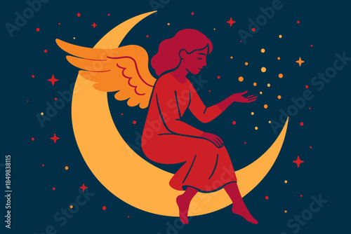 Angel on Moon. Angel resting on a moon crescent. An angel sits delicately on a glowing moon curve, releasing