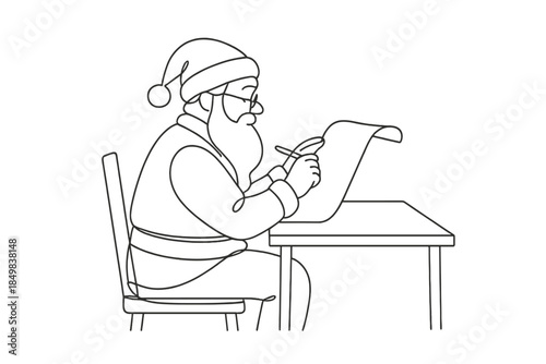 Santa's Naughty List Review. Santa checking his naughty-or-nice list workshop desk. Minimalistic one-line