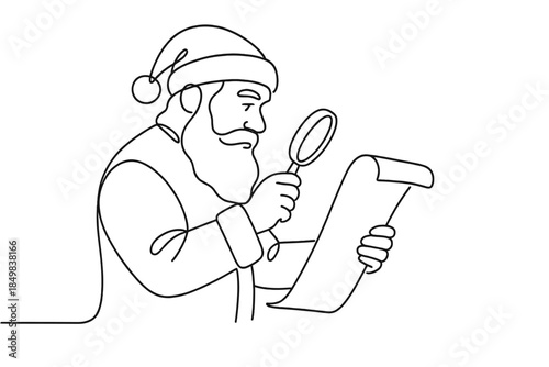Santa's Inspection. Santa checking his naughty-or-nice list magnifying glass. Minimalistic one-line drawing