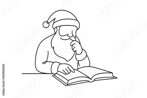 Santa's Check-Up. Santa checking his naughty-or-nice list giant book. Minimalistic one-line drawing Santa
