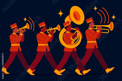 Shining Parade Band. Parade band with shining instruments. Brass instruments emit sparkling sound-wave icons