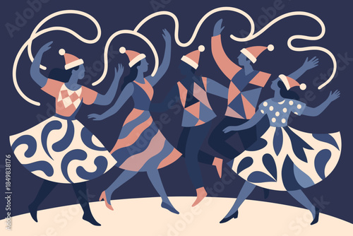 Vibrant Holiday Dancers. Holiday dancers in vibrant costumes. Performers twirl in bold shapes and patterns,