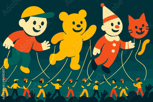 Giant Festive Balloons. Giant character balloons floating overhead. Massive festive balloons drift above the