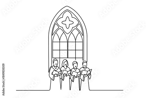 Minimalist Choir Illustration. Christmas Eve choir in grand church. Minimalistic one-line drawing choir