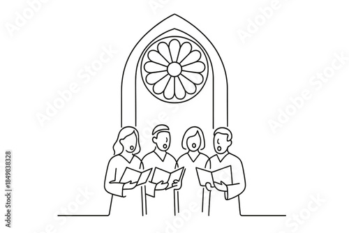 Choir under Rose Window. Cathedral Christmas anthem choir. Minimalistic one-line drawing group singing beneath