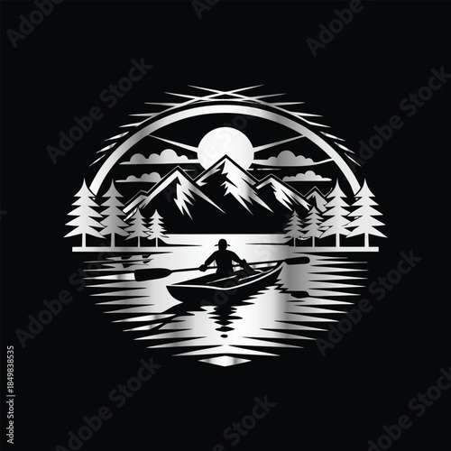 Adventure kayaking logo design.Vector illustration on black background.
Adventure kayaking logo design.kayak on the lake, mountains silhouette in the circle, vector illustration

