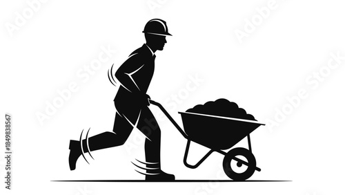 Man Running with Wheelbarrow Full of Soil on Construction Site