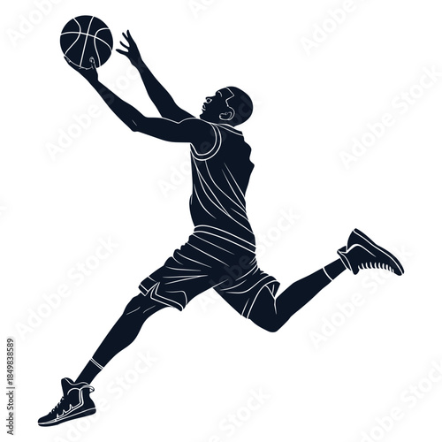 Basketball Player Silhouette Performing a Layup - Action Sports Vector Graphic