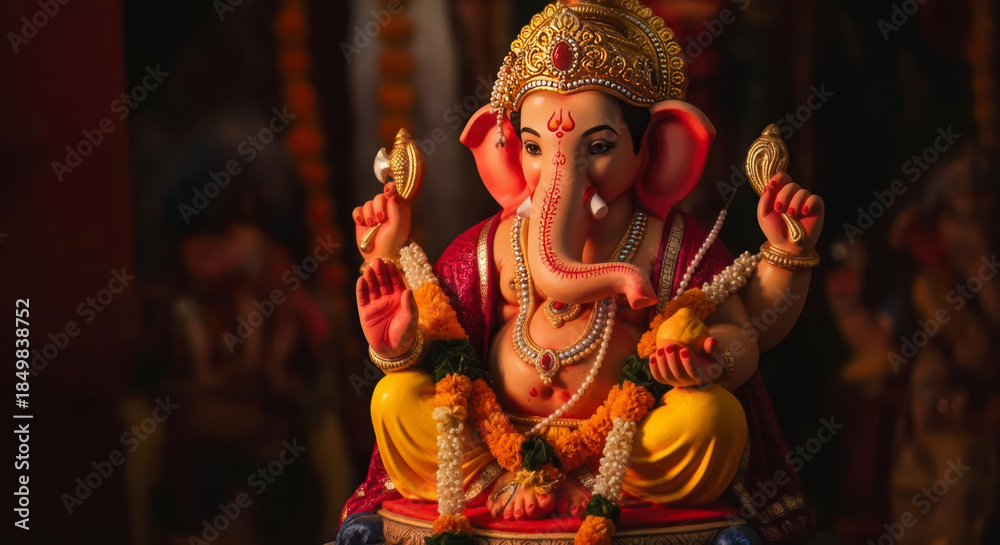 Fototapeta premium Exquisite Lord Ganesha Deity Sculpture with Traditional Ornament