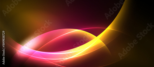 Abstract vibrant curves, flowing shapes, warm colors dominate composition. Pink, yellow hues blend seamlessly, creating dynamic visual effect.