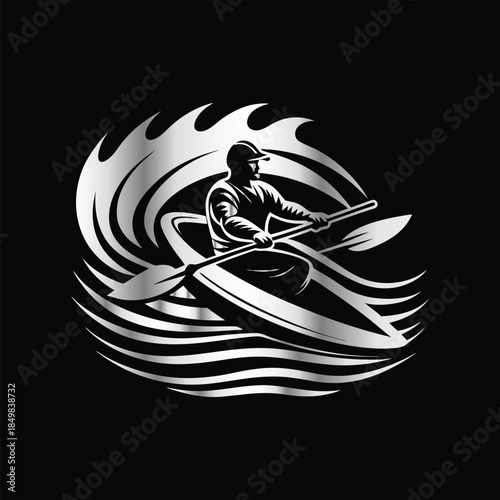 Adventure kayaking logo design.Vector illustration on black background.
Adventure kayaking logo design.kayak on the lake, mountains silhouette in the circle, vector illustration
