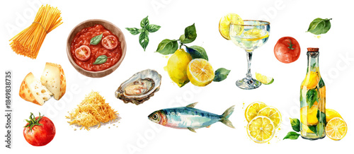 Mediterranean food collection showcasing Italy's coastal treasures: oysters on ice, sun-ripened tomatoes, sardines, zesty lemons. Retro watercolor design with basil, parmesan, and limoncello vibes