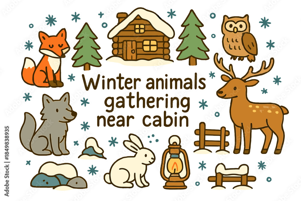 Naklejka premium Winter Gathering Scene. Winter animals gathering near cabin. Hand-drawn doodle illustration of Winter animals