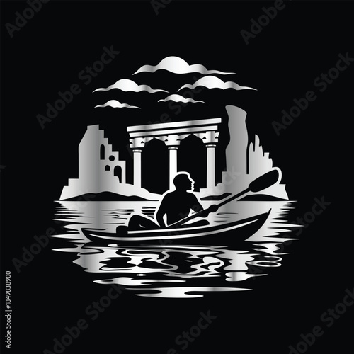 Adventure kayaking logo design.Vector illustration on black background.
Adventure kayaking logo design.kayak on the lake, mountains silhouette in the circle, vector illustration
