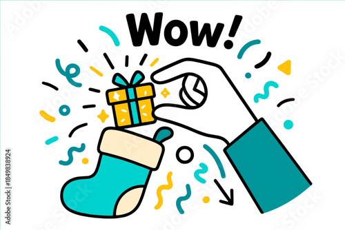 Joyful Gift Unwrapping. Stocking unwrapping moment. A hand pulling out a tiny glowing gift box as