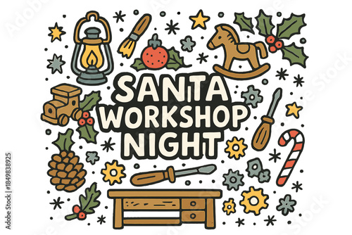 Santa's Workshop Night. SantaWorkshopNight.Hand-drawndoodleillustrationofSantaWorkshopNight.Lantern,paintbrush