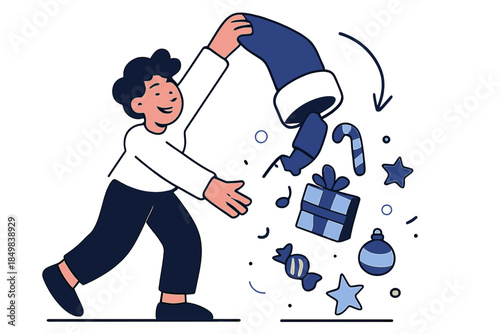 Stocking Surprise. Playful stocking dump. Someone tipping a stocking upside down as goodies tumble out in