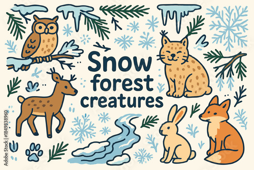 Snow Forest Wildlife. Snow forest creatures. Hand-drawn doodle illustration of Snow forest creatures. Owl,