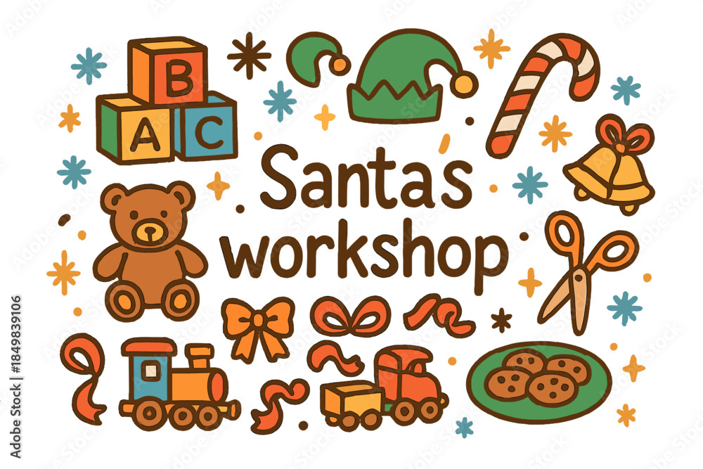 Naklejka premium Santa's Workshop Doodle. Santa’s workshop. Hand-drawn doodle illustration of Santa’s workshop. Toy blocks,