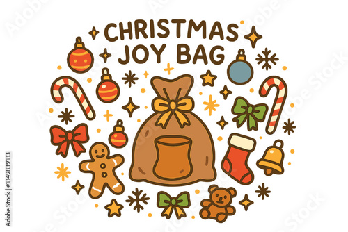 Festive Gift Bag. Christmas joy bag. Hand-drawn doodle illustration of Christmas joy bag. Gift bag, ornaments,