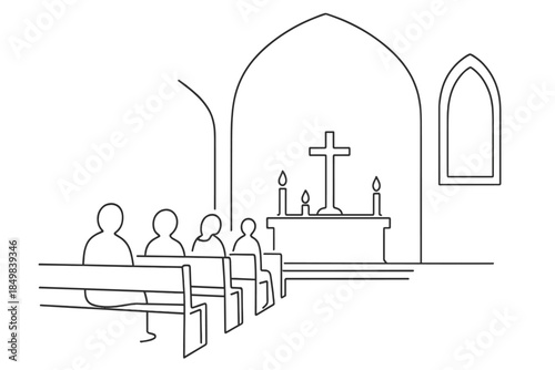 Midnight Mass Serenity. "Peaceful midnight mass on Christmas Eve". Minimalistic one-line drawing [of a quiet