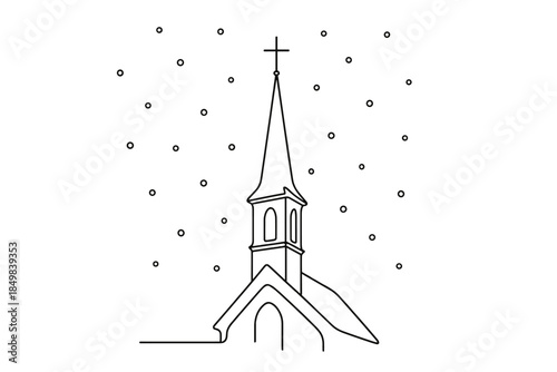 Midnight Steeple Silhouette. "Christmas Eve church steeple at midnight". Minimalistic one-line drawing [of a