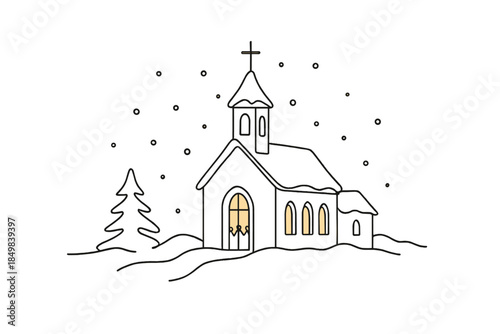 Midnight Mass Church. "Snowy church exterior during midnight mass". Minimalistic one-line drawing [of a small