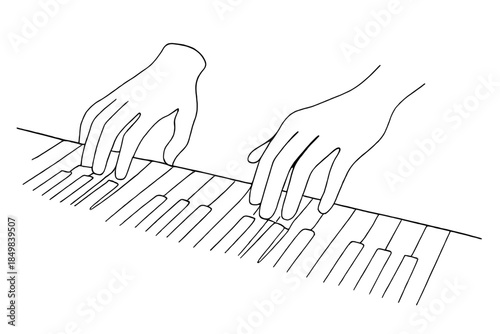 Piano Christmas Harmony. "Hands playing Christmas melodies on piano keys". Minimalistic one-line drawing [of