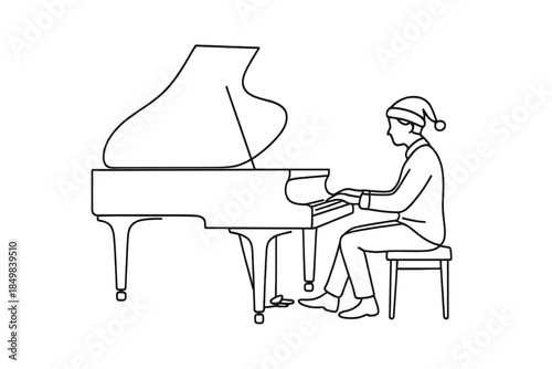 Piano Christmas Melody. "Christmas carols played on classic piano". Minimalistic one-line drawing [of a grand