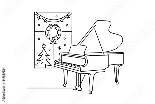 Minimalist Holiday Recital. "Christmas piano recital in cozy room". Minimalistic one-line drawing [of a grand