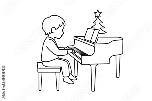 Minimalist Child Pianist. "Child playing Christmas carols on piano". Minimalistic one-line drawing [of a small
