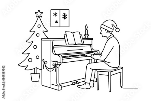 Minimalist Christmas Piano. "Christmas carol performance on vintage piano". Minimalistic one-line drawing [of