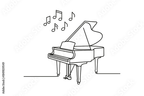 Festive Piano Melody. "Music notes of Christmas carols floating above piano". Minimalistic one-line drawing