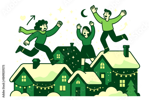 Festive Snowy Rooftops. Snowy rooftops glowing with holiday lights. Cozy houses blanketed in snow as strings