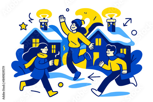 Warm Winter Glow. Warm-lit homes. Snow on rooftops glows gently as lights wrap around chimneys, creating soft