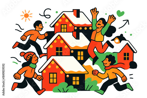 Festive Glow. Cluster of glowing rooftops. Houses lined together under fresh snow, each roof outlined in