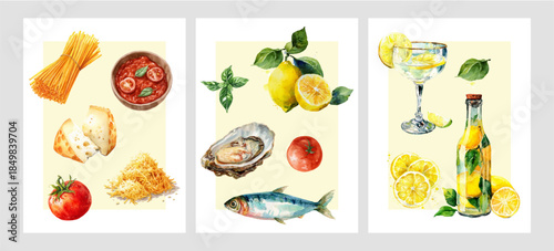 Watercolor Amalfi coast poster with fresh sardines, basil, limoncello, pasta ingredients. Retro Italian postcard design featuring seaside cuisine, citrus branches, classic Mediterranean elements.