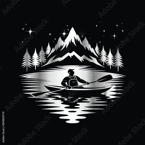 Adventure kayaking logo design.Vector illustration on black background.
Adventure kayaking logo design.kayak on the lake, mountains silhouette in the circle, vector illustration
