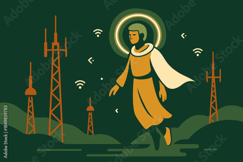 Futuristic Guardian Glow. Guardian beacon. The figure emits a soft neon halo as they drift past futuristic